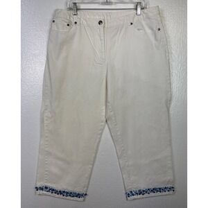 Ruby Rd Womens White‎ Capri Waist Sz 16 High rise Pant Blue Beaded Cuff Beach